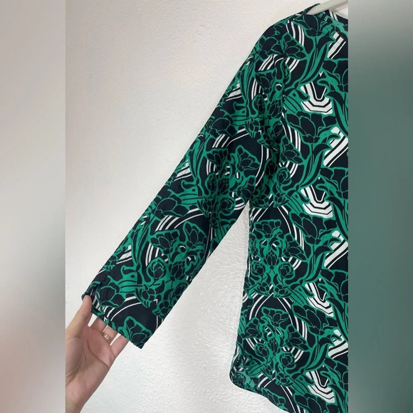 J. Crew Green Black Retro Floral Popover Blouse Top Women’s 2 Summer Business - Picture 5 of 15